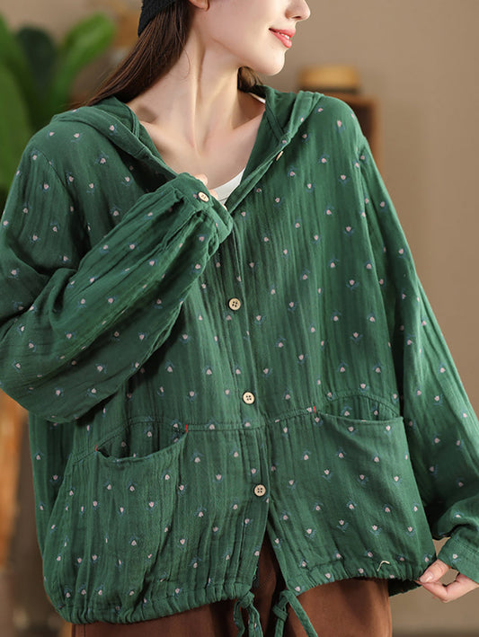 Women Autumn Artsy Floral 100%Cotton Hooded Shirt