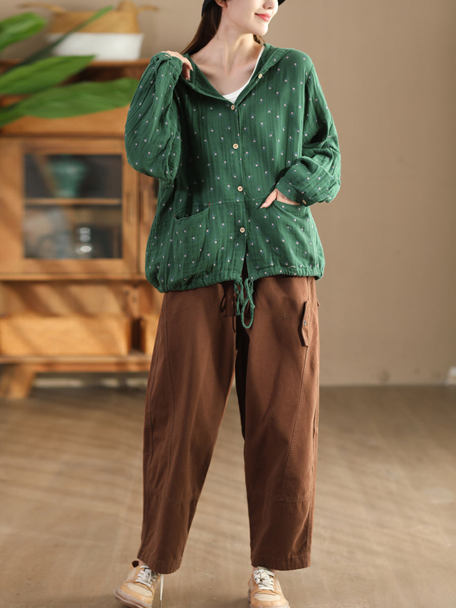 Women Autumn Artsy Floral 100%Cotton Hooded Shirt