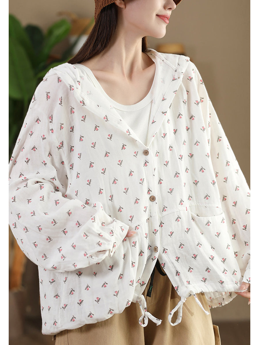 Women Autumn Artsy Floral 100%Cotton Hooded Shirt