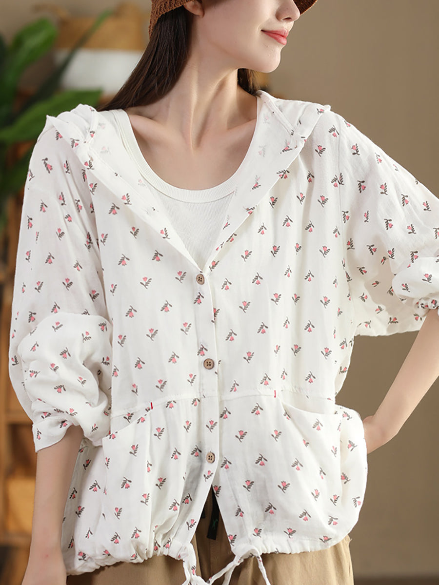 Women Autumn Artsy Floral 100%Cotton Hooded Shirt