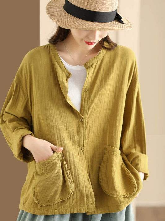 Women Autumn Vintage Pure Color O-Neck Cotton Shirt