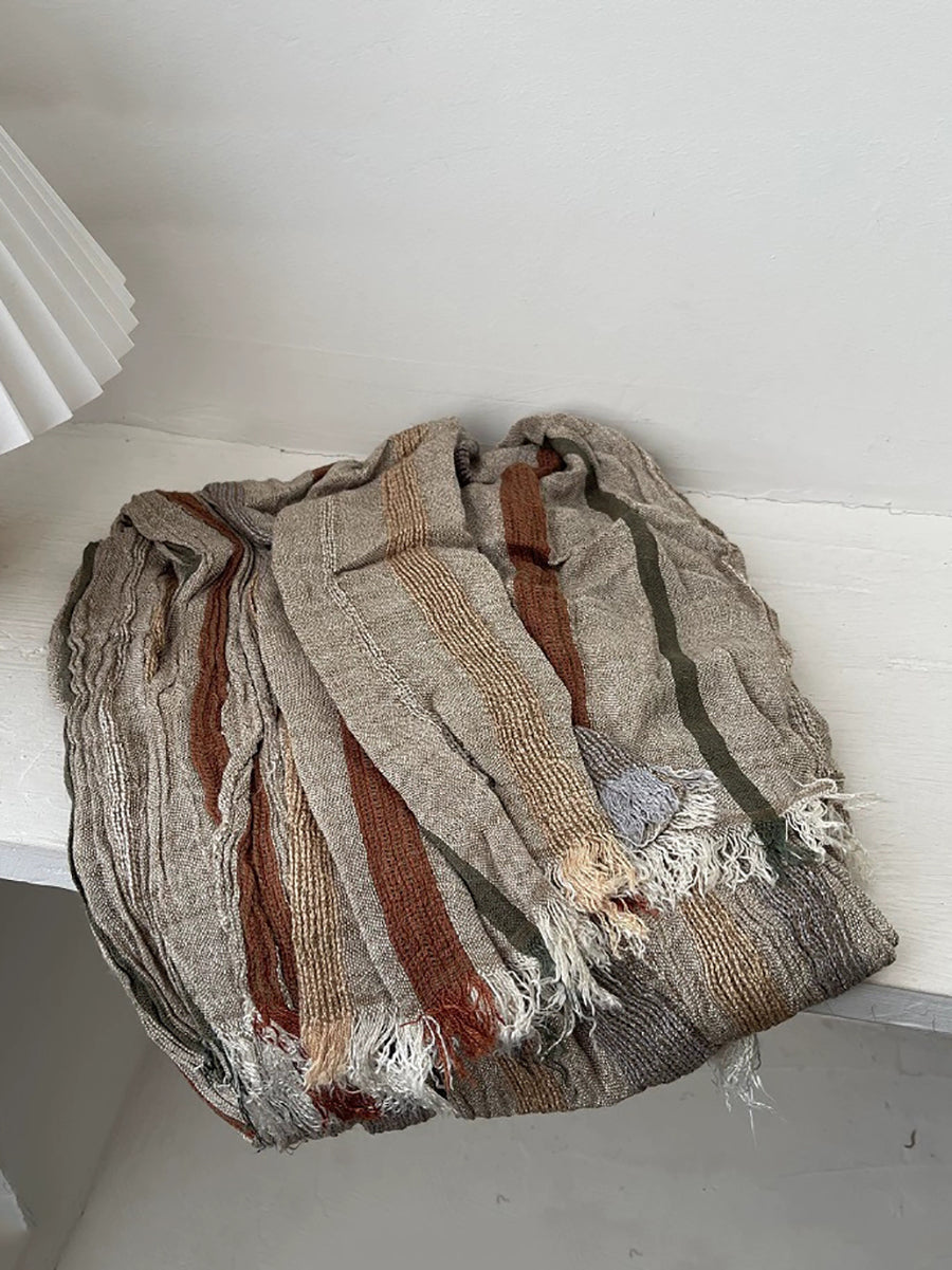 Women Vintage Stripe Raw-edge Shawl Scarf