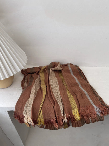 Women Vintage Stripe Raw-edge Shawl Scarf