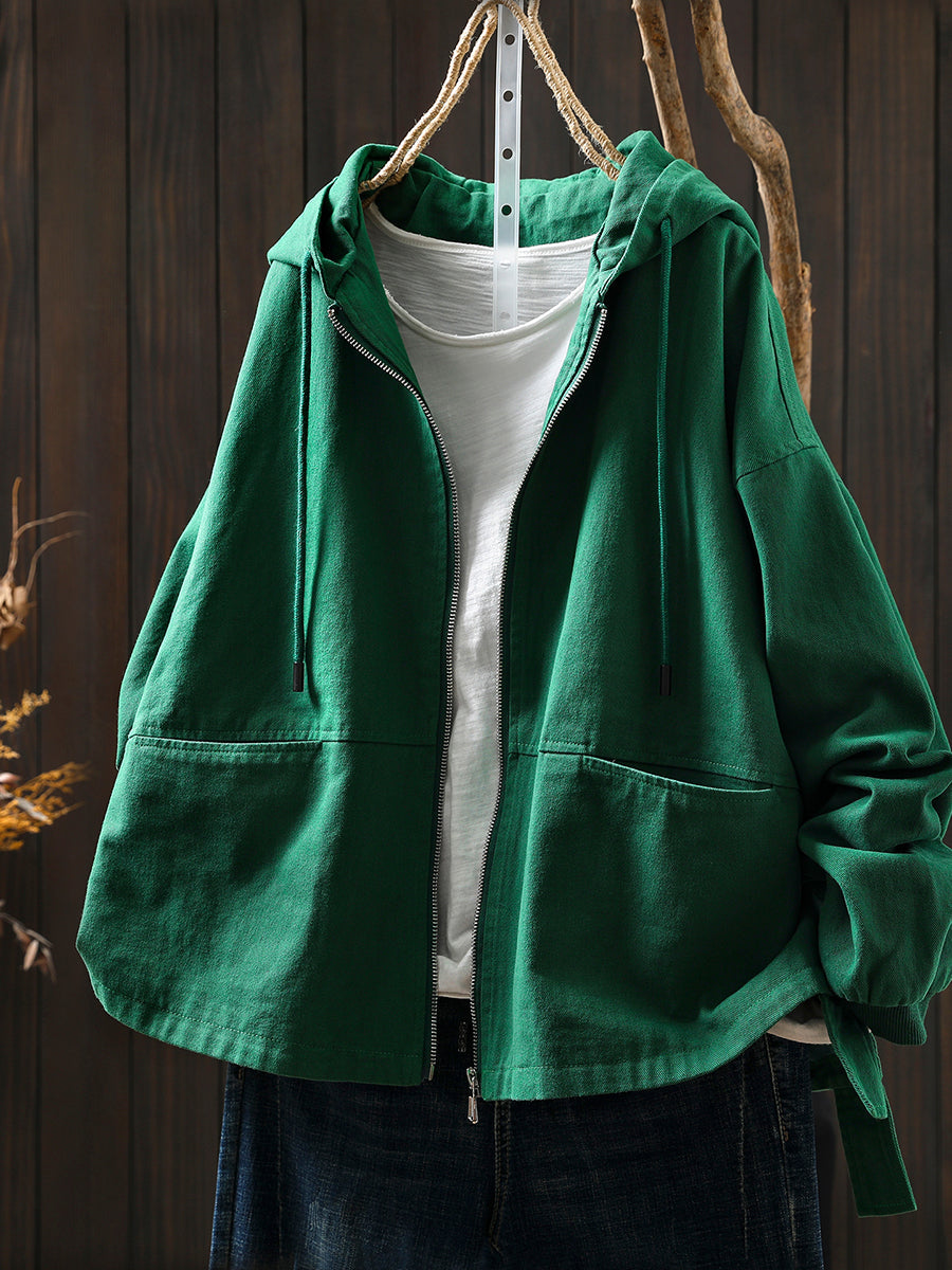 Women Autumn Pure Color 100%Cotton Hooded Coat