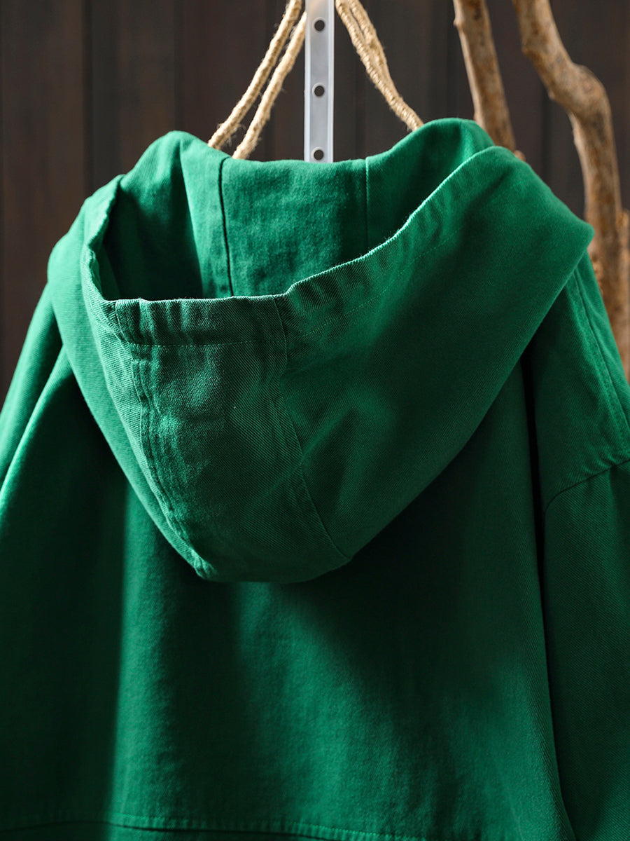 Women Autumn Pure Color 100%Cotton Hooded Coat