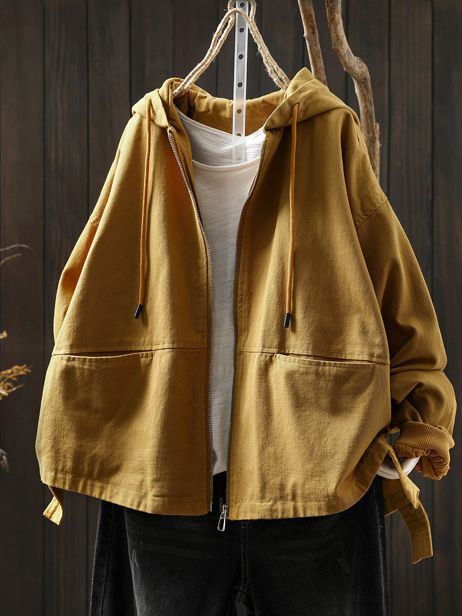 Women Autumn Pure Color 100%Cotton Hooded Coat