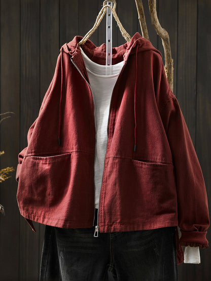 Women Autumn Pure Color 100%Cotton Hooded Coat