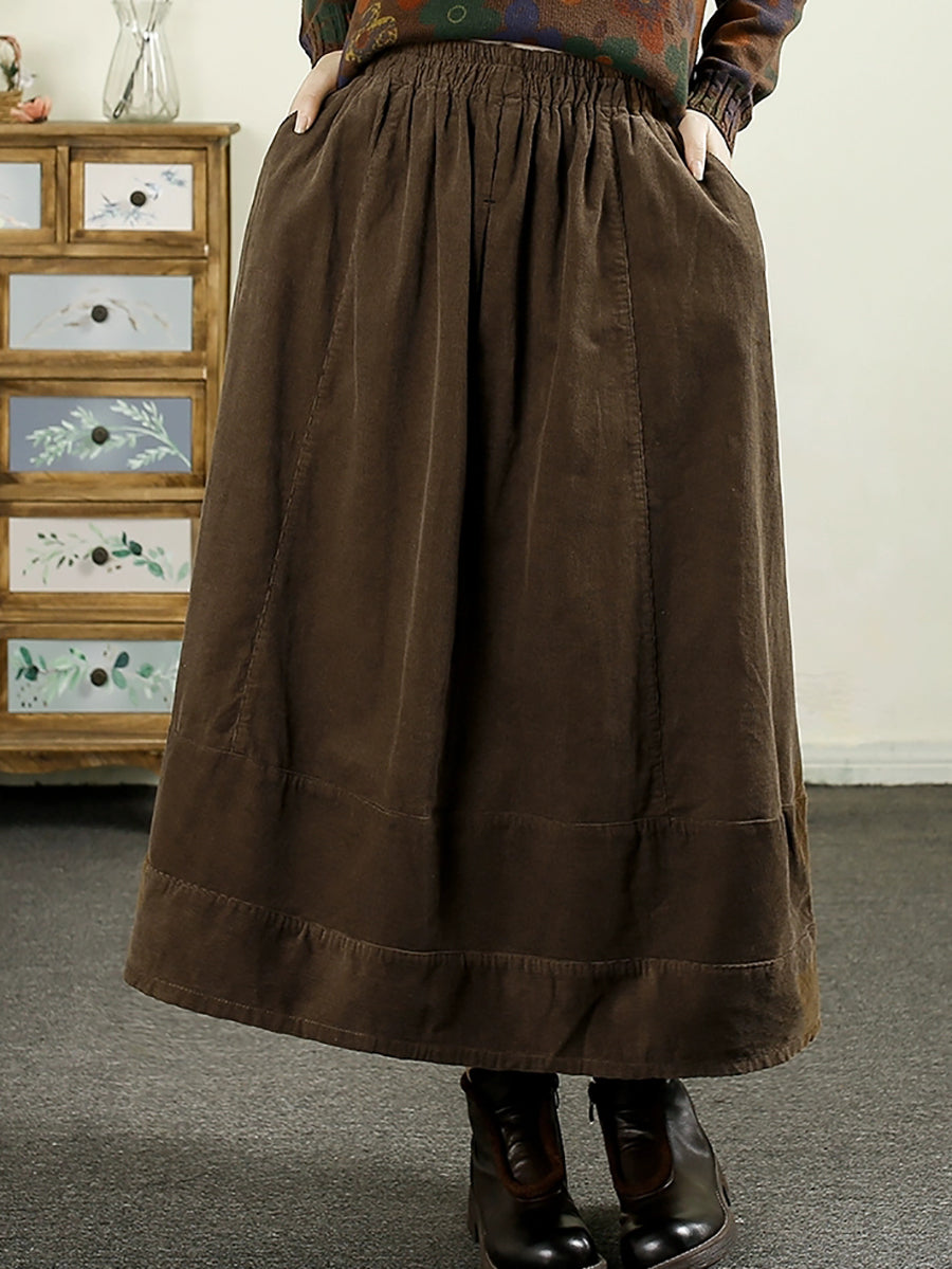 Women Autumn Retro Pure Color Corduroy A-Shape Skirt