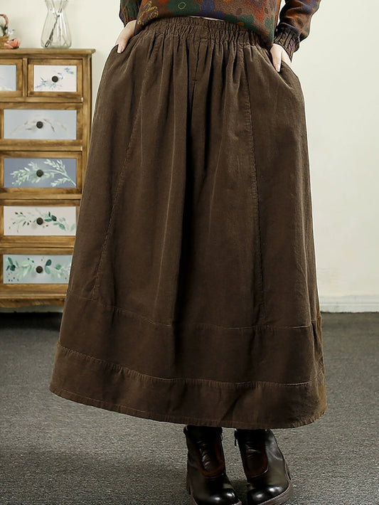 Women Autumn Retro Pure Color Corduroy A-Shape Skirt