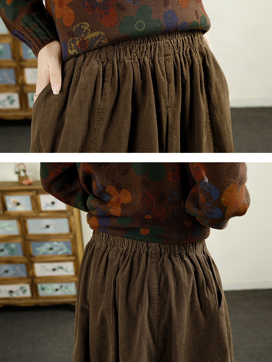 Women Autumn Retro Pure Color Corduroy A-Shape Skirt