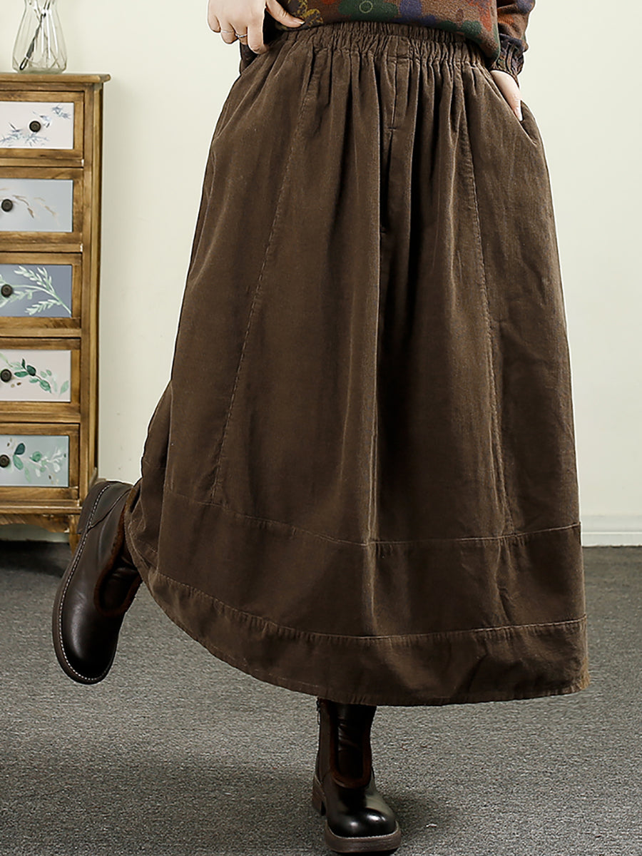 Women Autumn Retro Pure Color Corduroy A-Shape Skirt