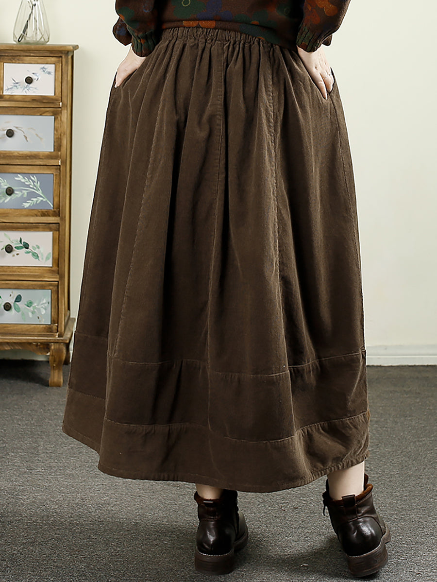Women Autumn Retro Pure Color Corduroy A-Shape Skirt