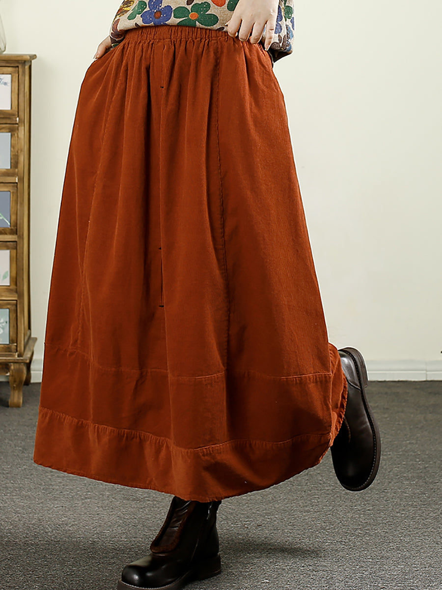 Women Autumn Retro Pure Color Corduroy A-Shape Skirt