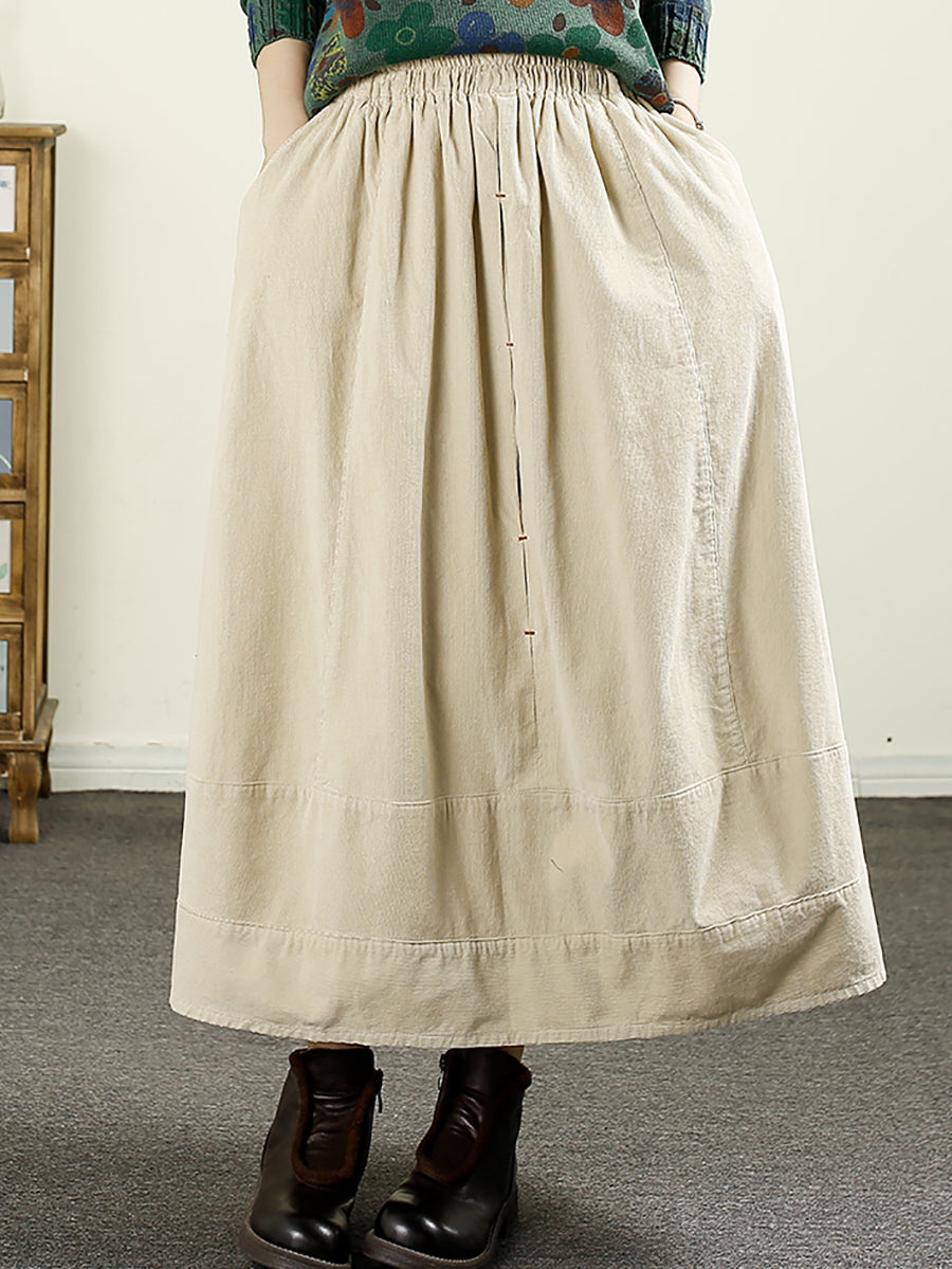 Women Autumn Retro Pure Color Corduroy A-Shape Skirt