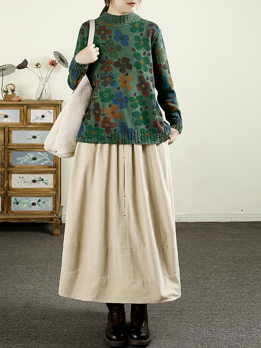 Women Autumn Retro Pure Color Corduroy A-Shape Skirt