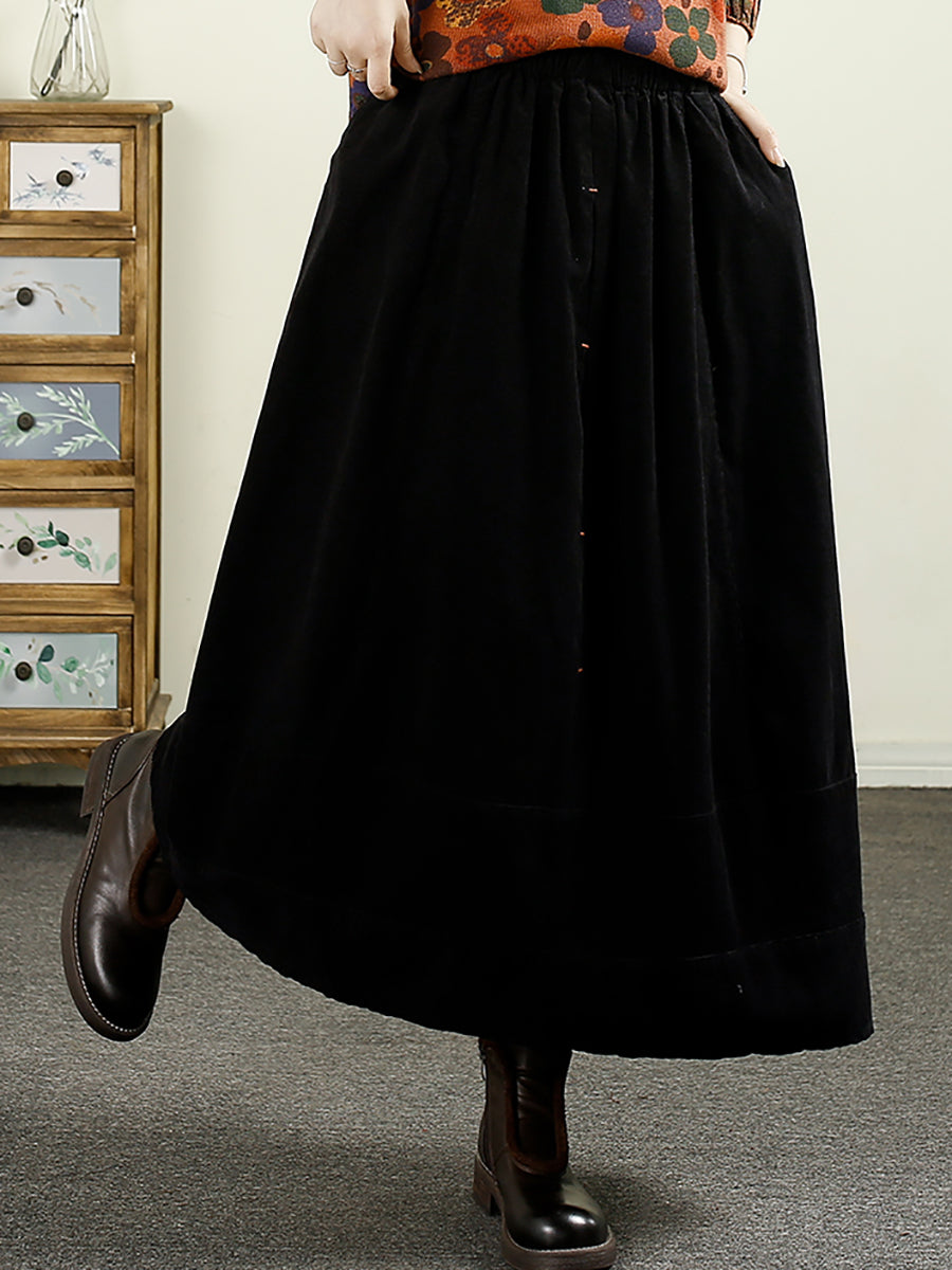 Women Autumn Retro Pure Color Corduroy A-Shape Skirt