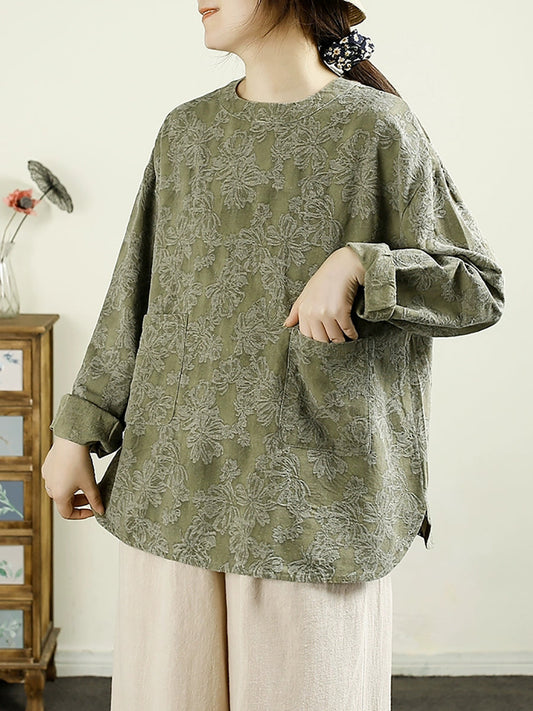 Women Autumn Retro Flower Jacquard O-Neck 100%Linen Shirt