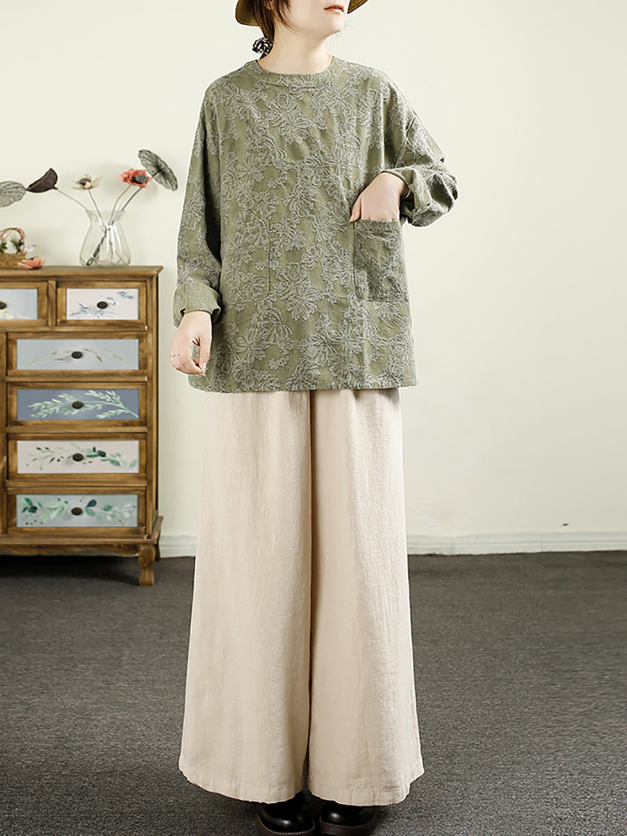 Women Autumn Retro Flower Jacquard O-Neck 100%Linen Shirt