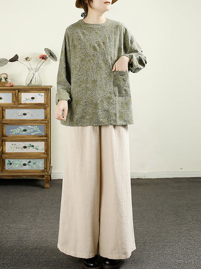 Women Autumn Retro Flower Jacquard O-Neck 100%Linen Shirt