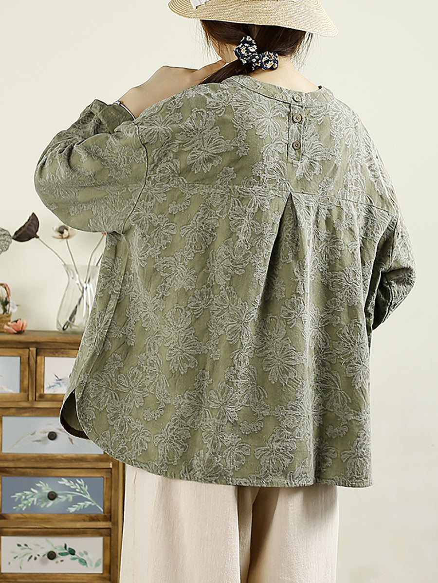 Women Autumn Retro Flower Jacquard O-Neck 100%Linen Shirt