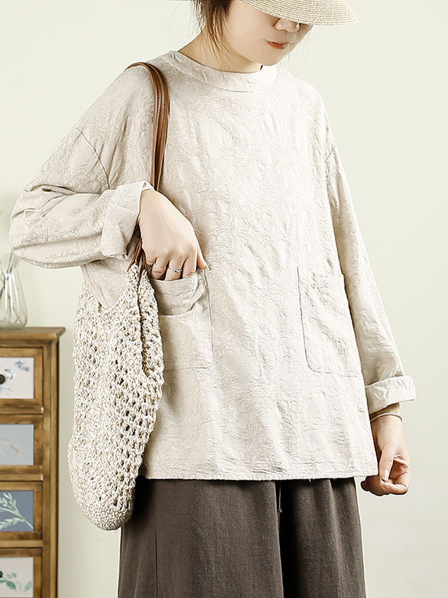 Women Autumn Retro Flower Jacquard O-Neck 100%Linen Shirt