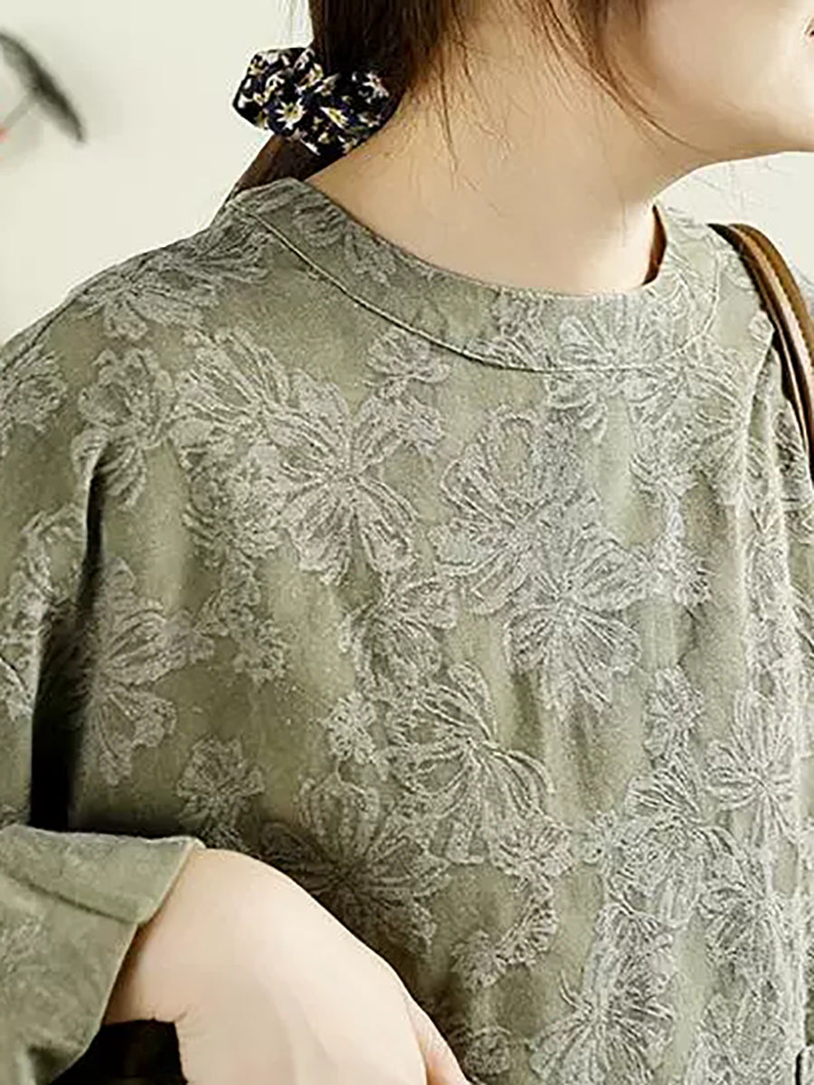 Women Autumn Retro Flower Jacquard O-Neck 100%Linen Shirt