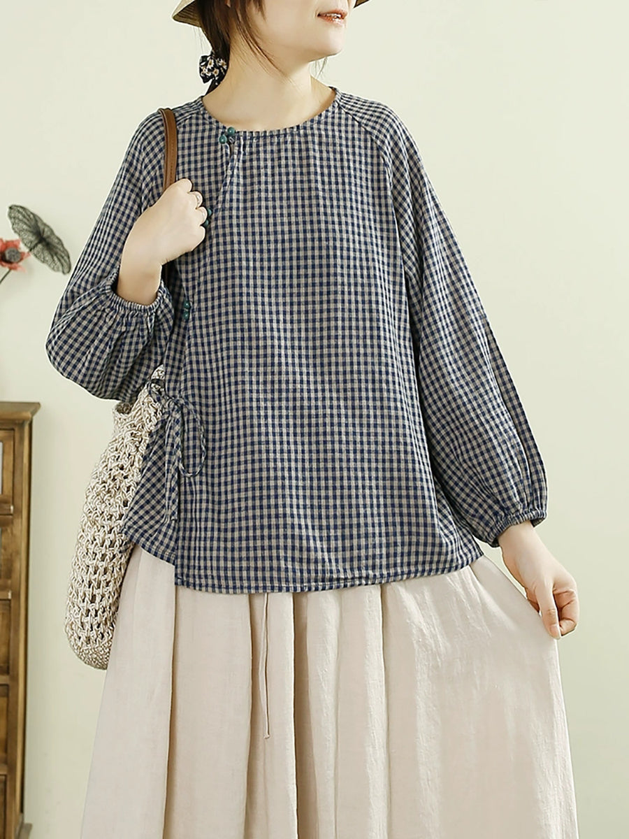 Women Autumn Artsy Plaid Cotton Linen O-Neck Shirt