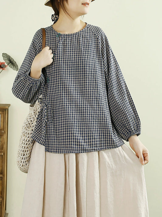 Women Autumn Artsy Plaid Cotton Linen O-Neck Shirt