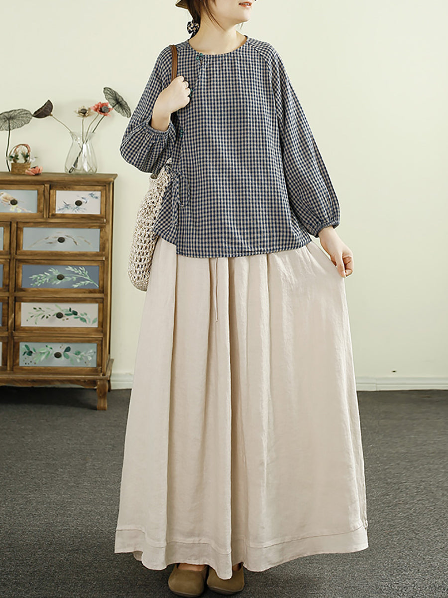 Women Autumn Artsy Plaid Cotton Linen O-Neck Shirt