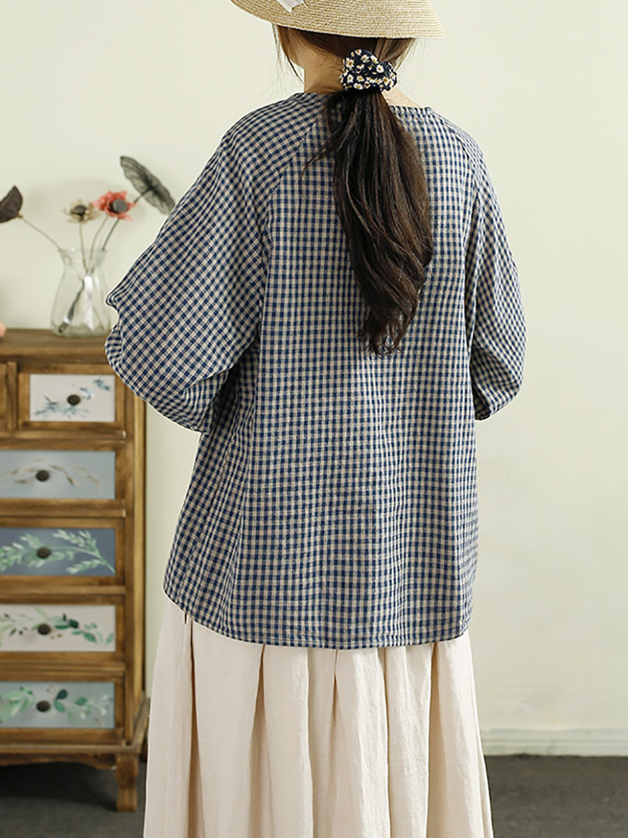 Women Autumn Artsy Plaid Cotton Linen O-Neck Shirt