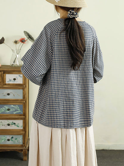 Women Autumn Artsy Plaid Cotton Linen O-Neck Shirt