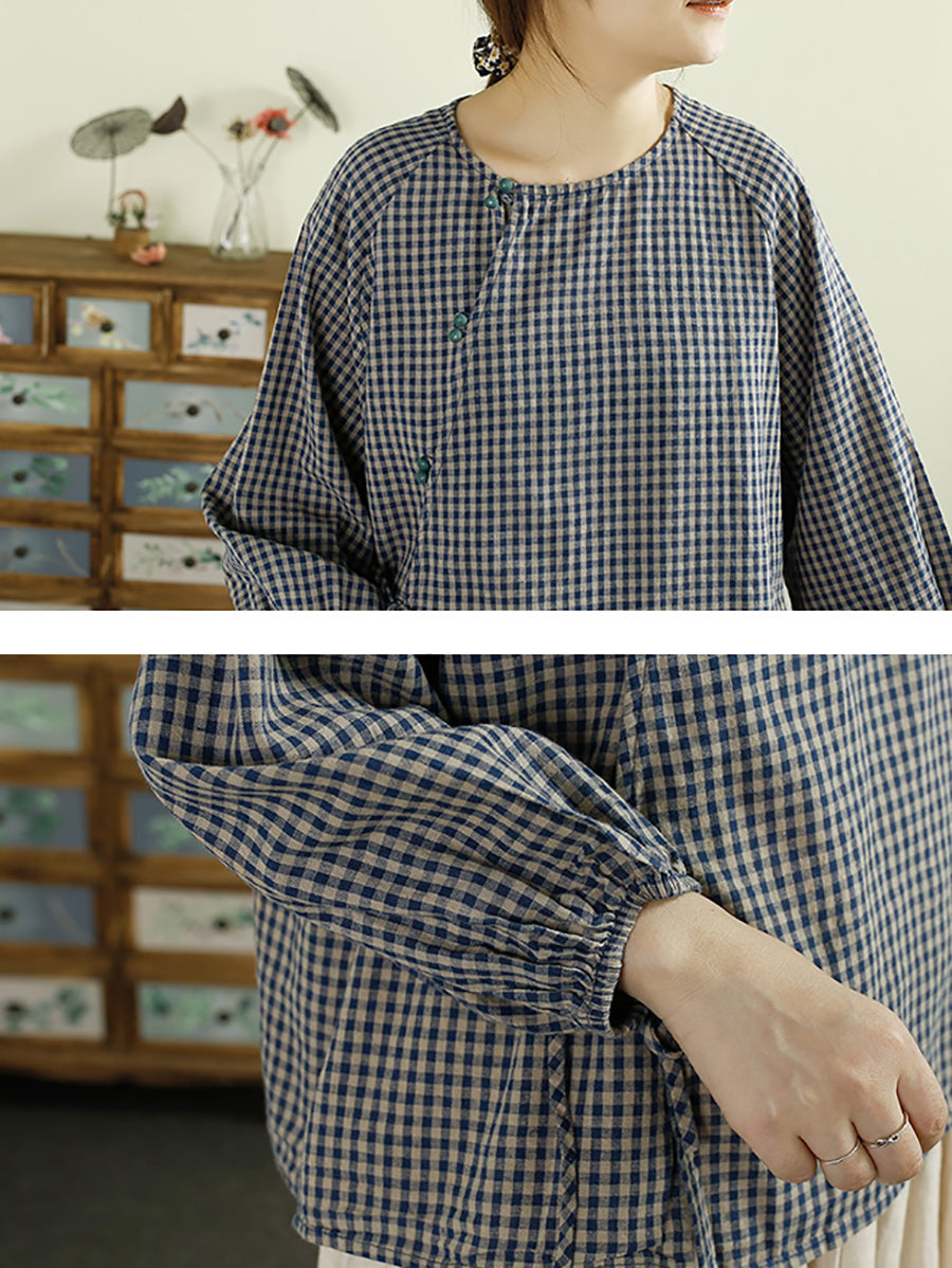 Women Autumn Artsy Plaid Cotton Linen O-Neck Shirt