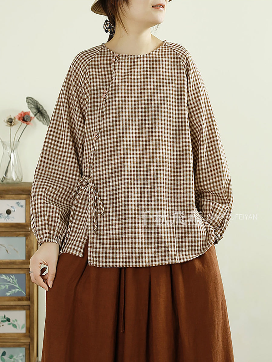 Women Autumn Artsy Plaid Cotton Linen O-Neck Shirt