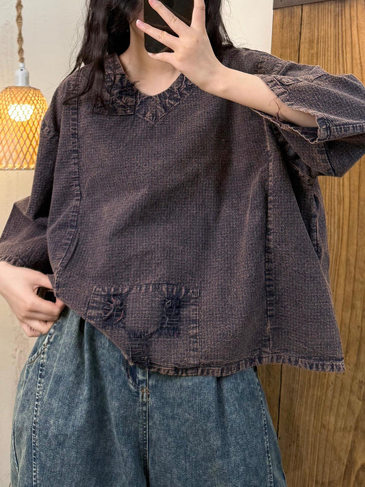 Women Autumn Vintage Plaid V-Neck Spliced Cotton Shirt