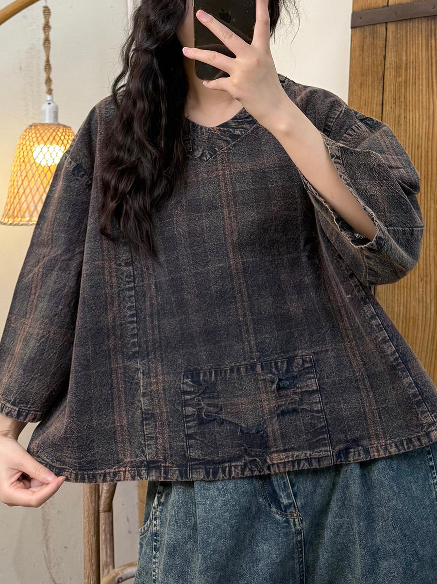 Women Autumn Vintage Plaid V-Neck Spliced Cotton Shirt