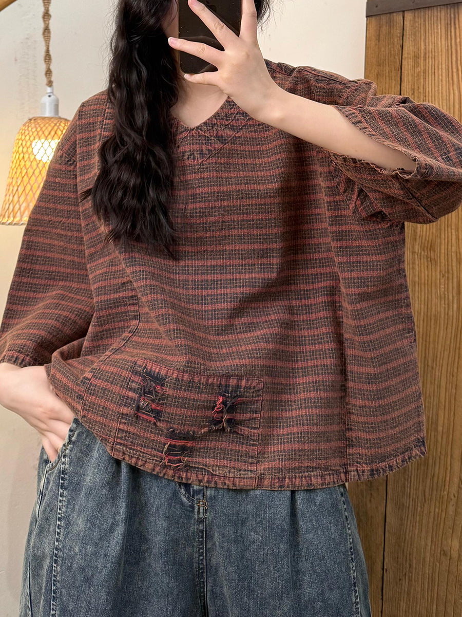 Women Autumn Vintage Plaid V-Neck Spliced Cotton Shirt