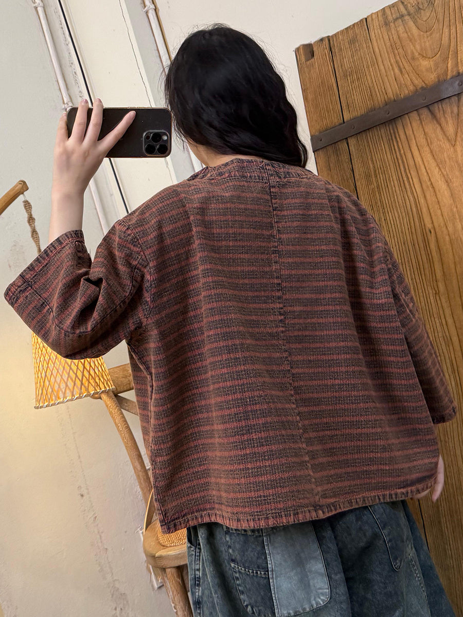 Women Autumn Vintage Plaid V-Neck Spliced Cotton Shirt