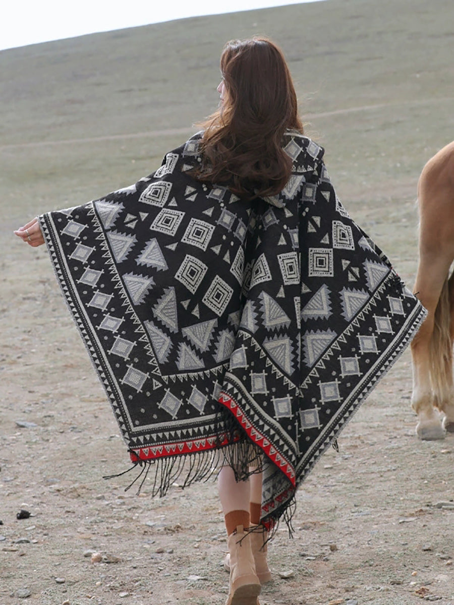 Ethnic Autumn Keep Warm Hooded Shawl Cape