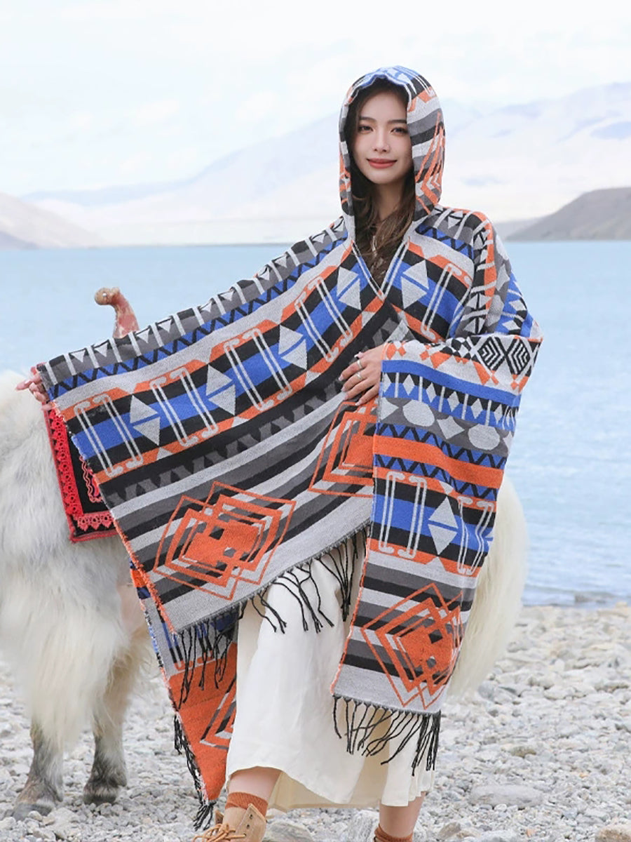 Ethnic Autumn Keep Warm Hooded Shawl Cape