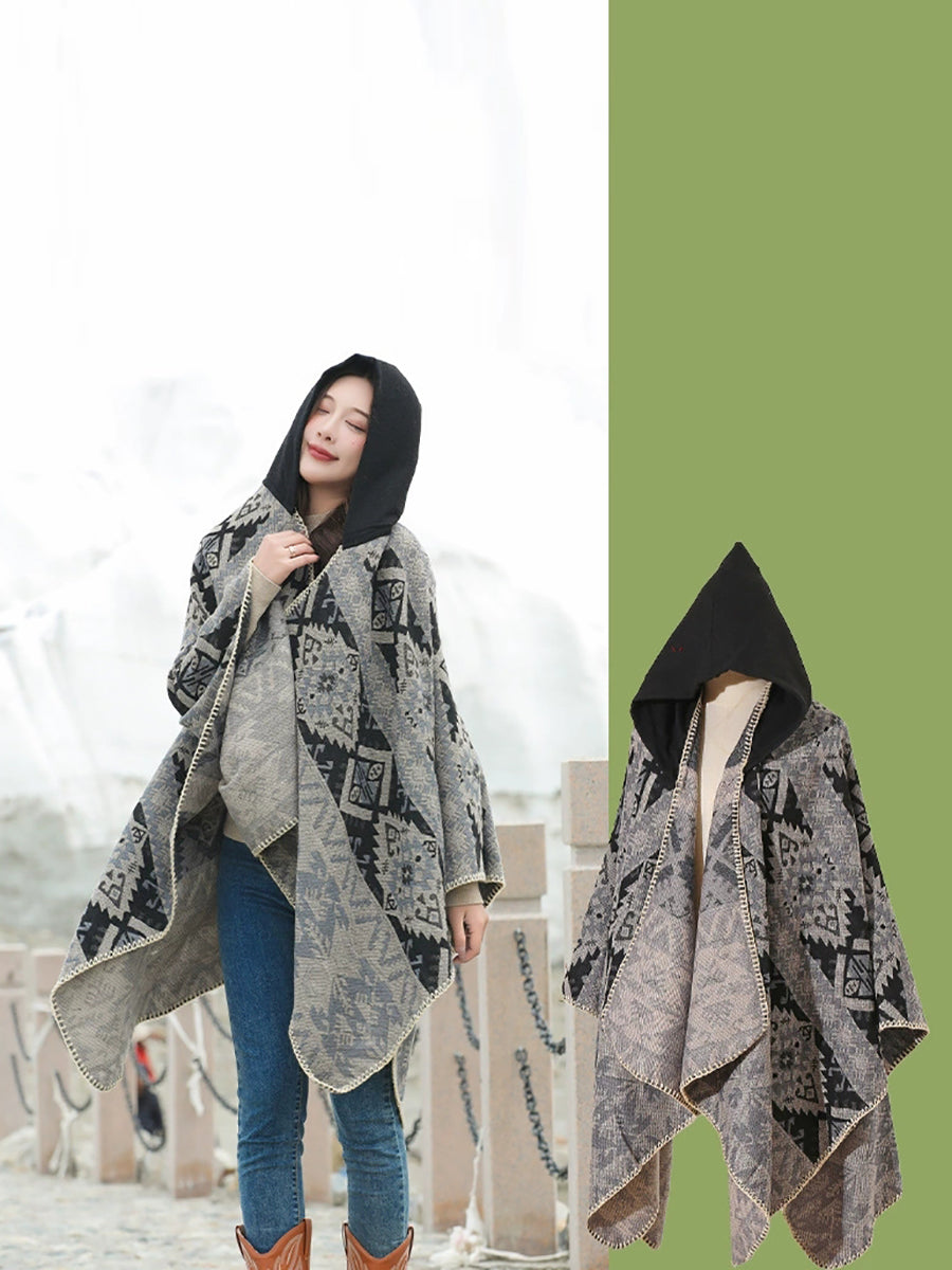 Ethnic Autumn Keep Warm Hooded Shawl Cape
