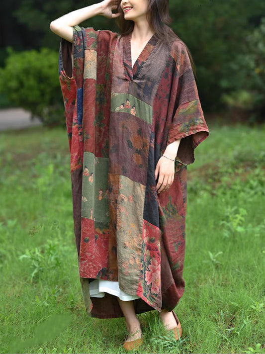 Women Summer Ethnic Flower Patch V-Neck 100%Linen Dress