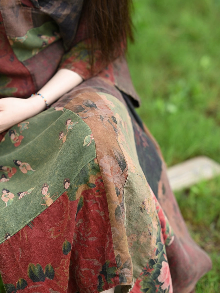 Women Summer Ethnic Flower Patch V-Neck 100%Linen Dress