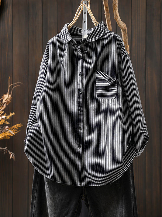 Women Autumn Stripe Turn-down Collar 100%Cotton Shirt