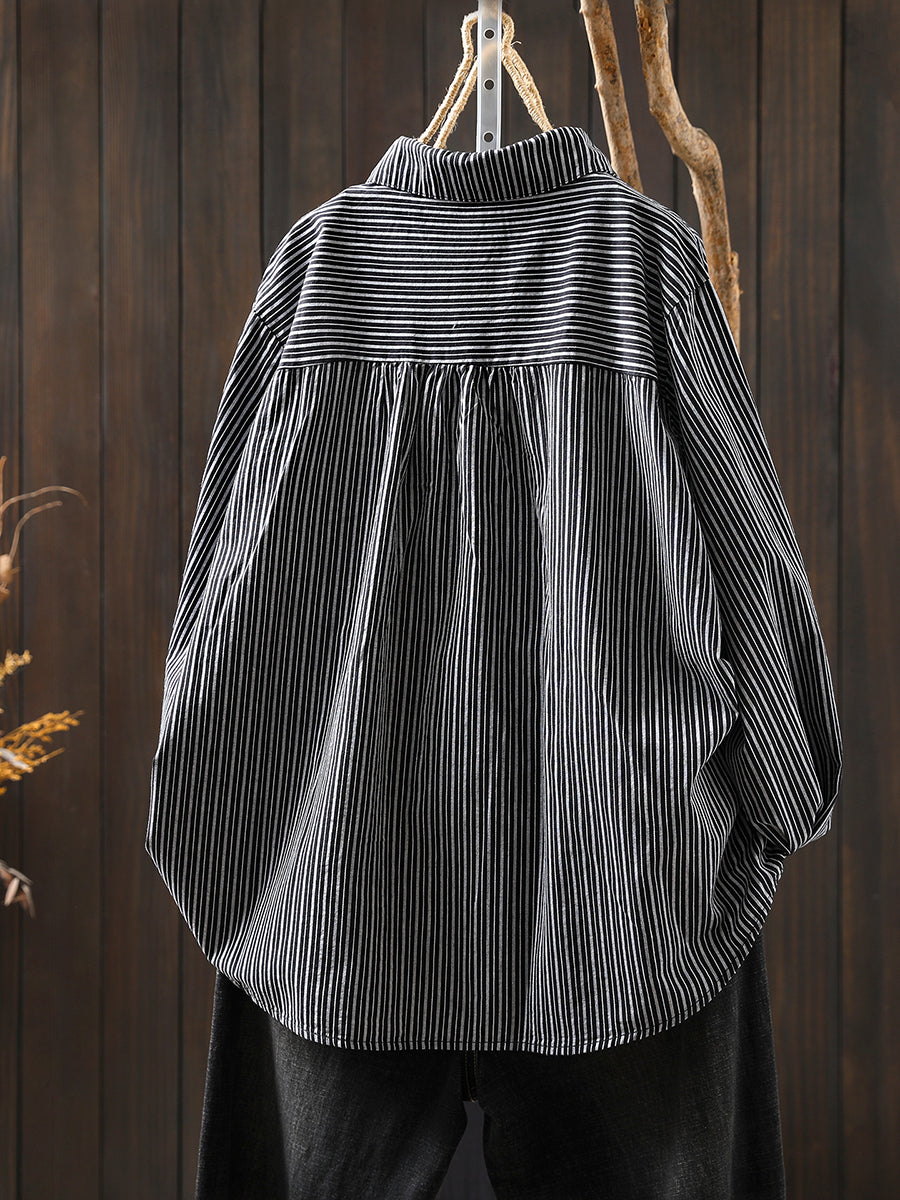 Women Autumn Stripe Turn-down Collar 100%Cotton Shirt