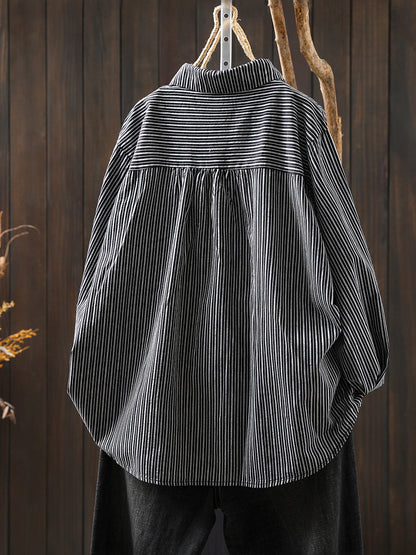 Women Autumn Stripe Turn-down Collar 100%Cotton Shirt