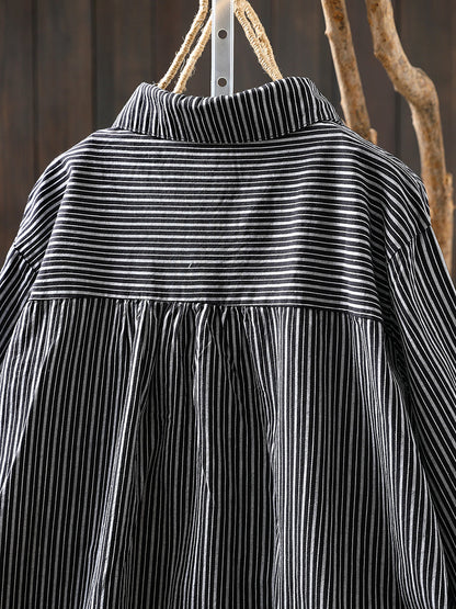 Women Autumn Stripe Turn-down Collar 100%Cotton Shirt