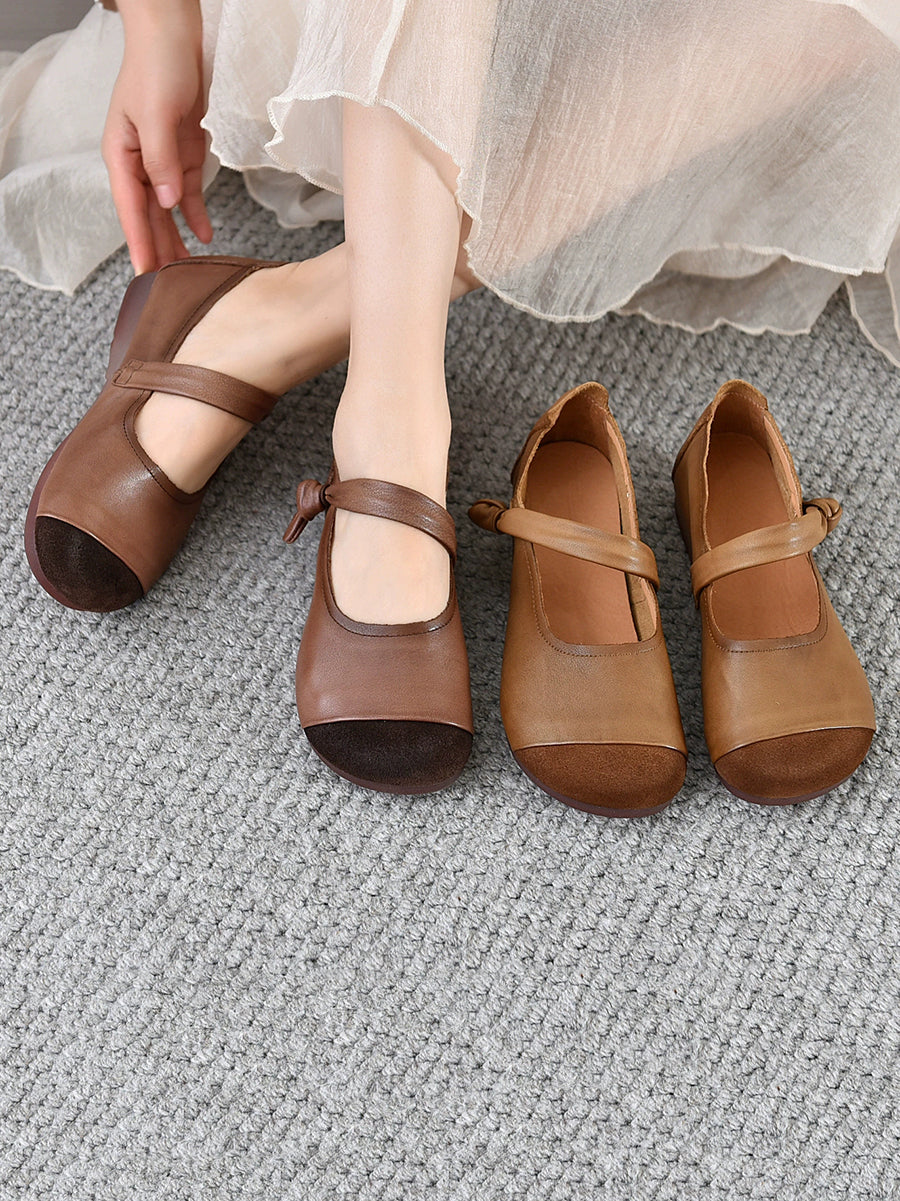 Women Vintage Autumn Leather Spliced Low Heel Shoes