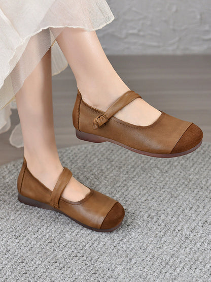 Women Vintage Autumn Leather Spliced Low Heel Shoes