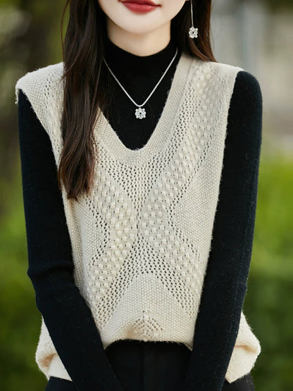 Women Autumn Casual Pure Color V-Neck Knitted Vest