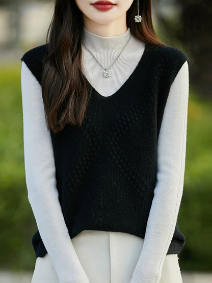 Women Autumn Casual Pure Color V-Neck Knitted Vest